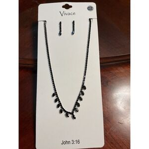 Vivace CZ Black Crystal Necklace Earrings Set Women Sparkle Statement Jewelry